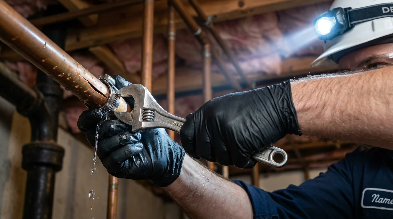 Emergency pipe clamp repair being performed by a Johns Plumbing LLC plumber in Clearfield