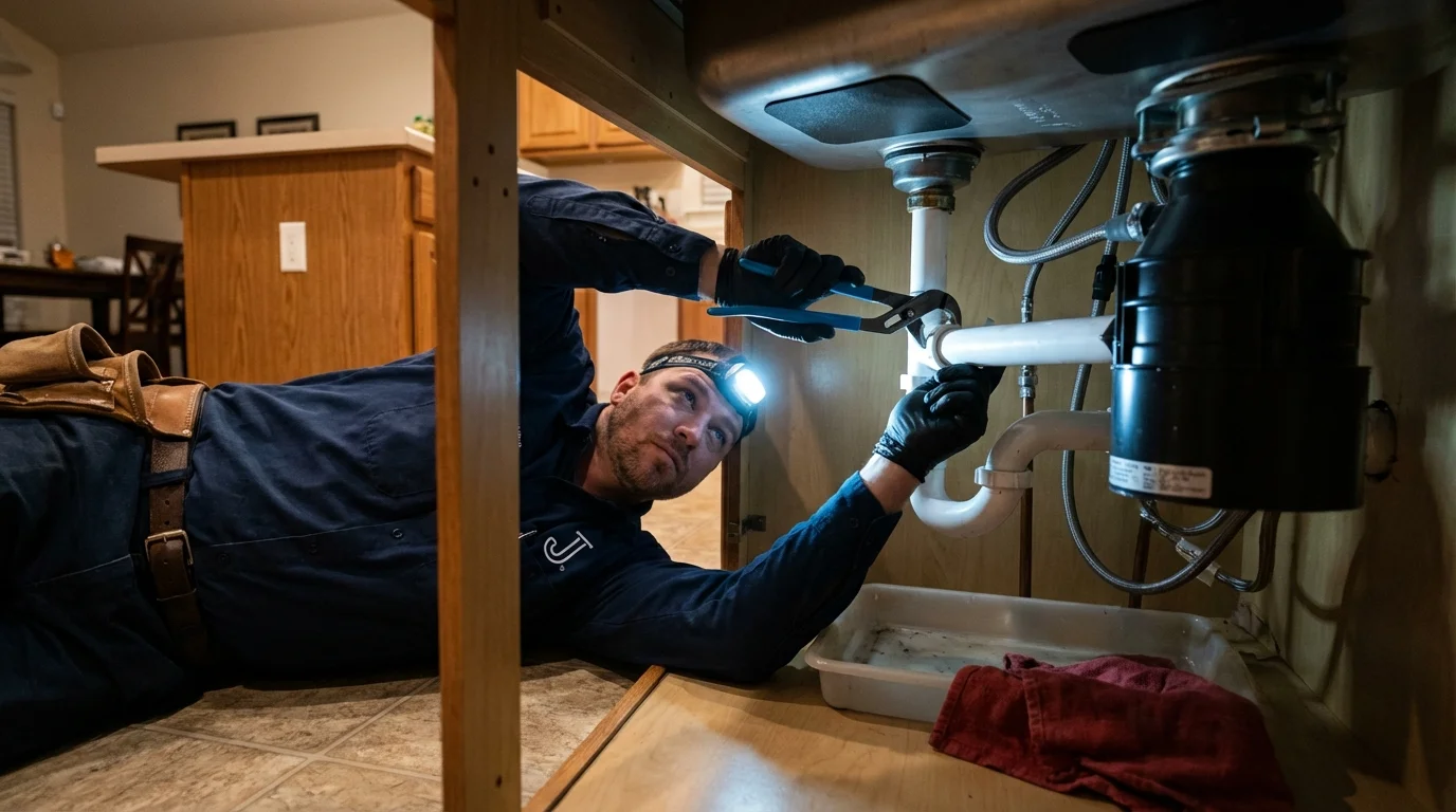 P-trap and supply line connections under a kitchen sink showing a common leak point in Clearfield, UT